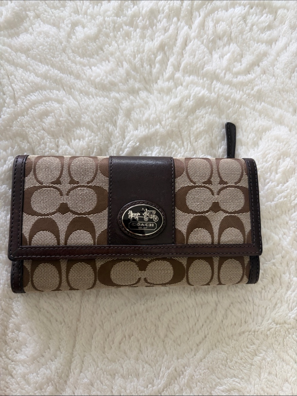 Coach Brown Signature Canvas Continental Wallet with Dark Brown Leather Trim